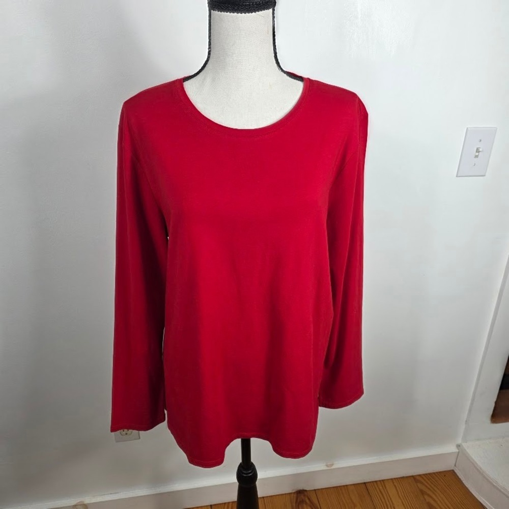 J Jill Womens Red Long Sleeve Crew Neck Relaxed‎ Fit Knit Top Solid Casual Tee